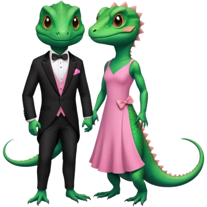 Lizard wears a cute pink dress with her lizard man wears tux emoji