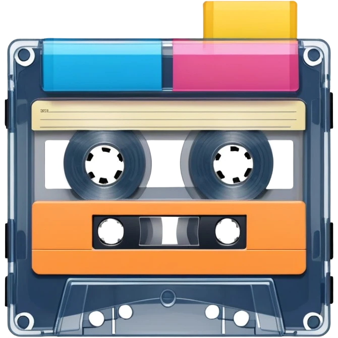 A colorful retro cassette tape with visible tape spools emoji