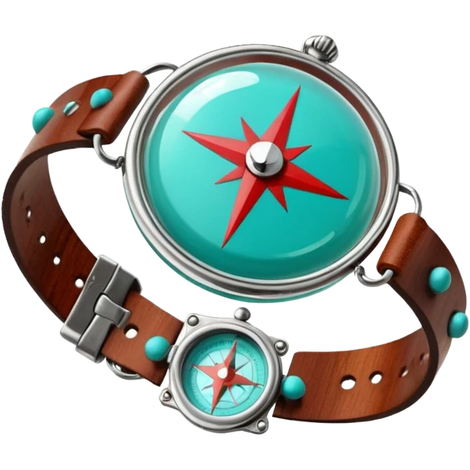 Round glass dome with turquoise-green liquid inside, red compass needle floating in center, brown wooden wrist band with metal clasps, anime cartoon style with clean line art emoji