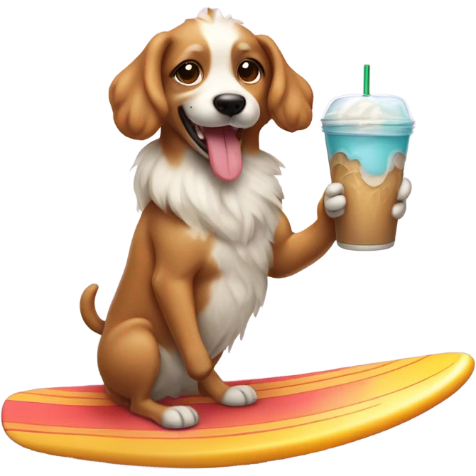 valentines dog on a surfboard holding iced latee emoji
