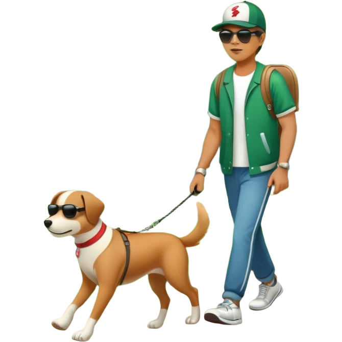 a dog on a leash with a person in a green park setting emoji