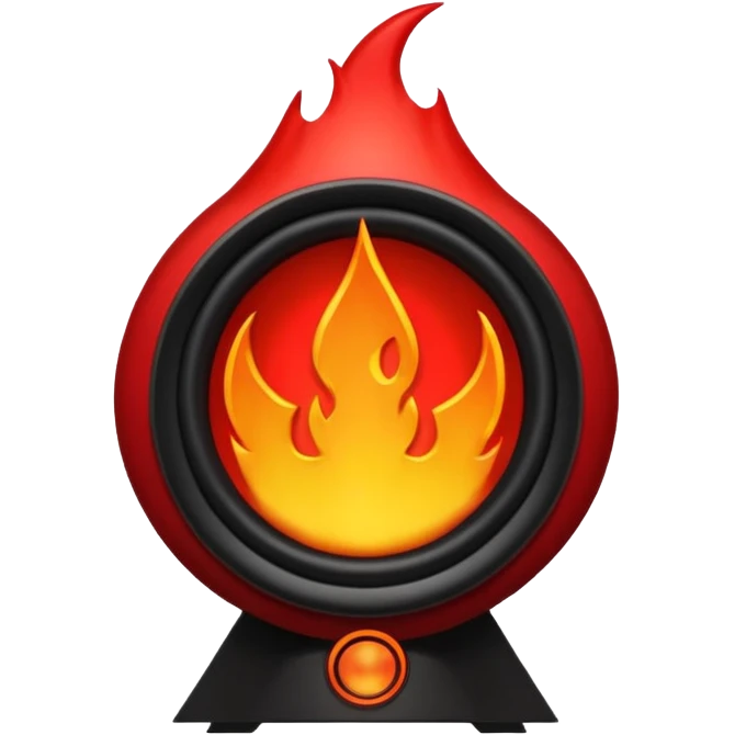 Head: A black KLIPSCH RP-8000F speaker, often represented with a red center or speaker cone.
Core: A small, bright glowing cherry-red circle representing his core.
Body & Armor: Primarily black armor plating with bright red accents or flames. emoji