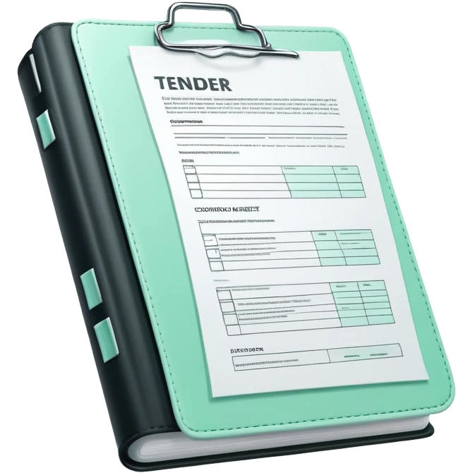 Commande Publique (Public Procurement), 3D technical icon with black and mint green (#B5F4D3), tender document with technical specifications and compliance checklist emoji