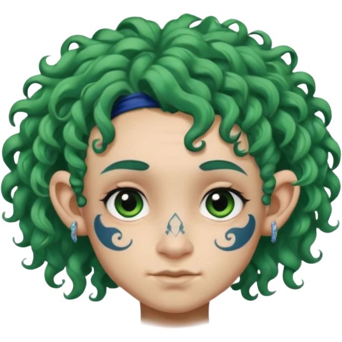 green curly  haired heavy blue tattooed big head accessory big nose mid size ear young emoji