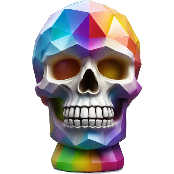 symbolic skull sculpture symbolizing chromatic light with a geometric, faceted design. The bottle is standing upright with angular and baroque features. The vibrant rainbow of colors highlights the sharp edges and planes.  emoji