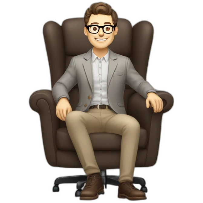 Joyful thrumb up Pale skinned Fit Man With dark brown hair in gray jacket, beige office shirt, Brown pants and vintage glasses sitting In a soft chair emoji