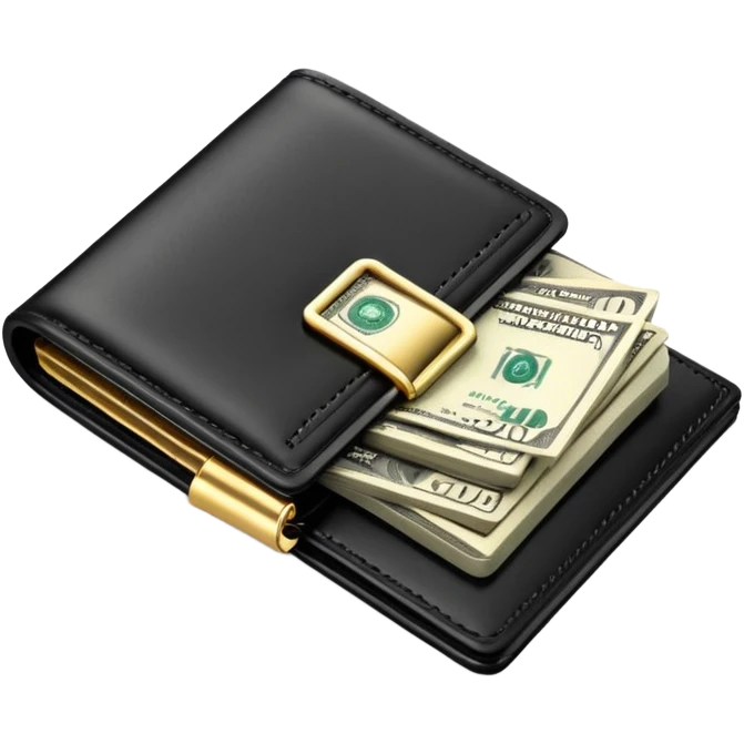 Rich emoji style black leather wallet with dollar bills, luxury money vibe, premium 3D emoji, ultra clean, high detail, no background
 emoji