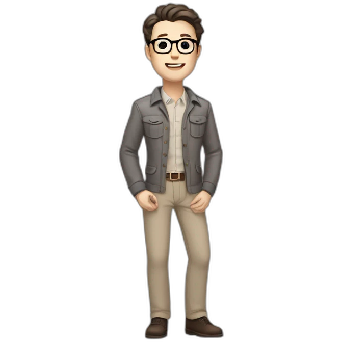 Full height Pale skinned Fit Man With dark brown hair in gray classic jacket, beige office shirt, Brown pants and vintage glasses. Thrumbs of his palms upwards emoji