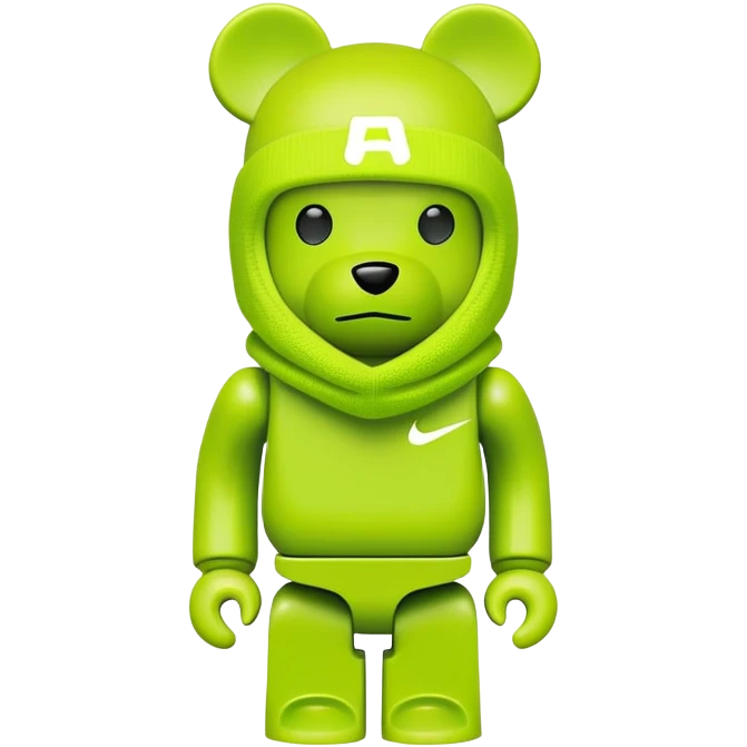 classic bearbrick toy with squared head, wearing a bright lime balaclava with Nike swoosh logo on it, pronounced eyebrows, blocky bear design emoji