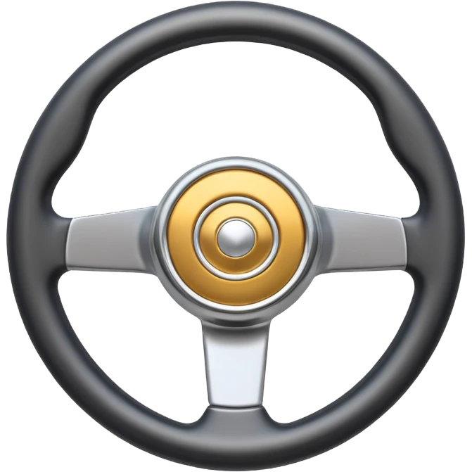 A futuristic steering wheel emoji made of silver chrome, minimal geometric design, smooth metallic surface, soft reflections, iOS emoji style, centered, clean white background emoji