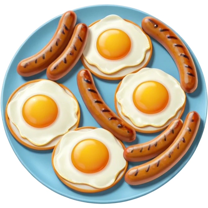 sausage and eggs object icon, fried eggs with sunny yolks, grilled sausages, warm breakfast vibe, delicious food presentation, 3D cartoon style, mobile game icon style, centered, clean background, no text, no watermark
 emoji