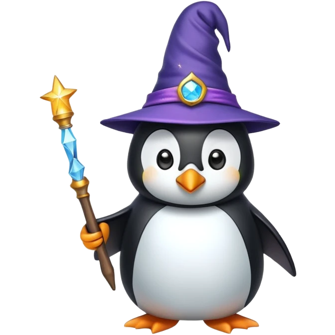 penguin wizard with magic wand and wizard hat emoji