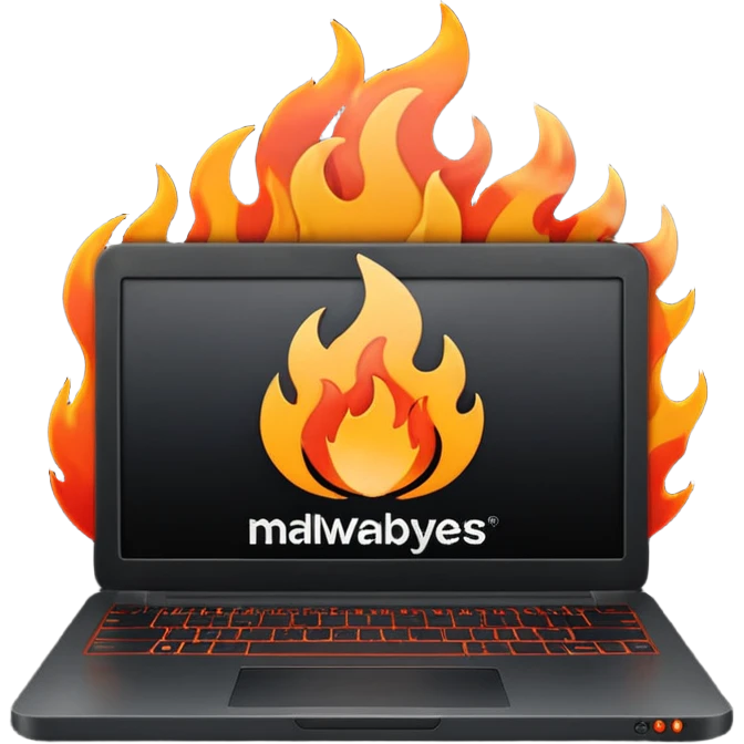  burning laptop with malwarebytes logo emoji