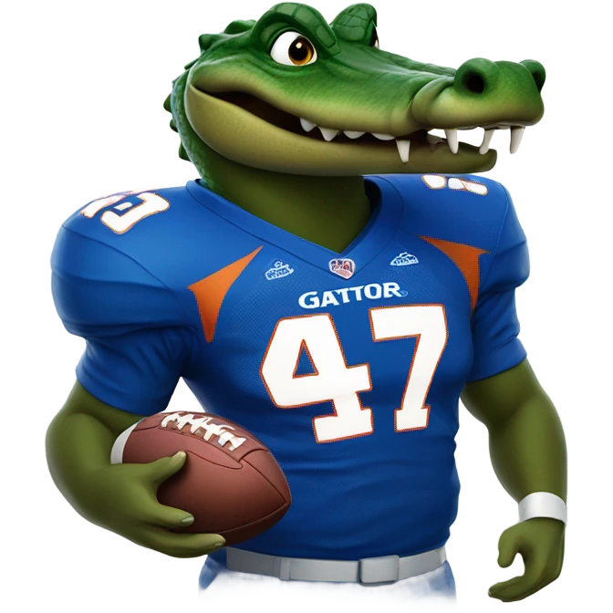 A gator with a big snout coming through the helmet in a epic gators tv football jersey playing football emoji