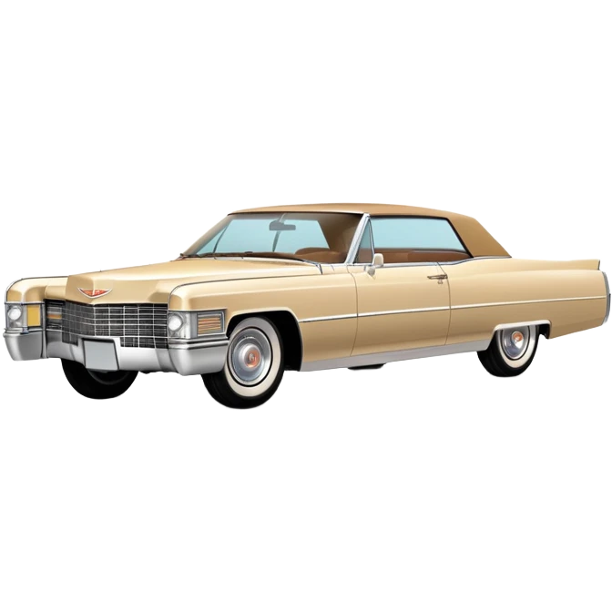 Extremely minimalist beige 1966 Cadillac DeVille, bare essential details, simple geometric shapes, 30-degree angle, Once Upon a Hollywood inspired, iOS emoji style emoji