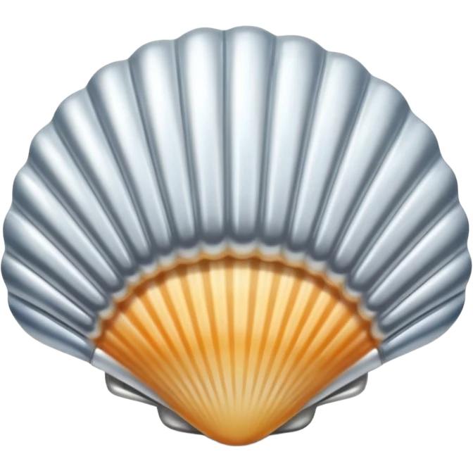 A seashell emoji made of polished silver chrome, smooth curved surface, reflective metallic highlights, elegant minimal design, iOS emoji style, centered, clean white background, soft lighting emoji