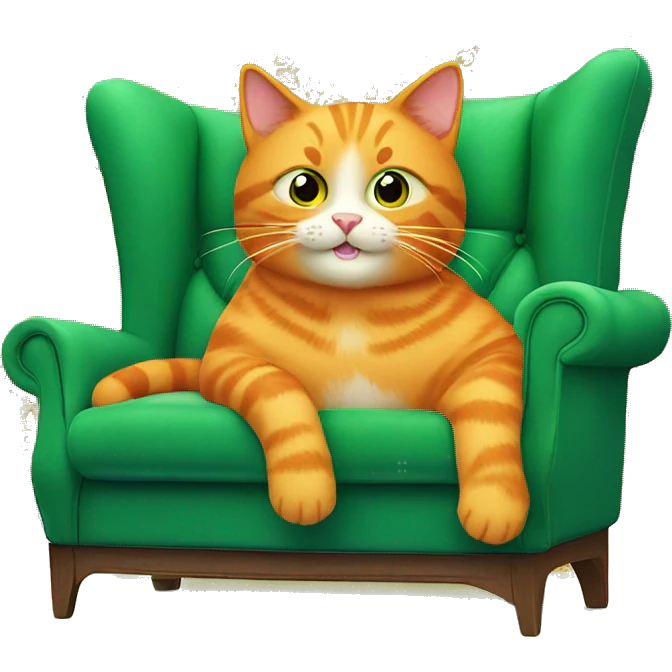 A happy orange cat sits on a green sofa, holding a tablet, with a large screen showing colorful patterns in the background. emoji