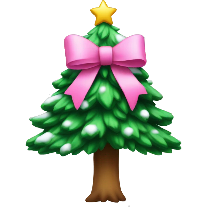 Christmas tree with snow on it, and a pink bow emoji