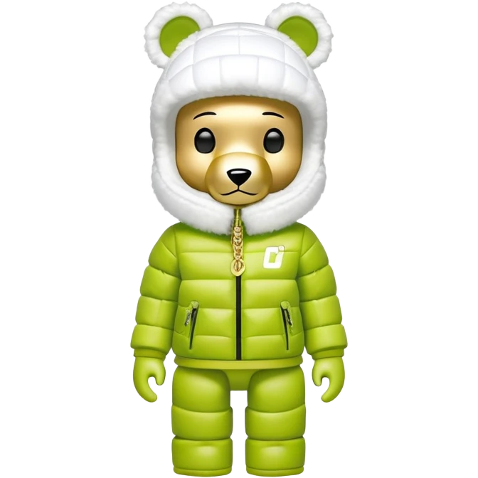 classic geometrical bearbrick with cubic body structure, lime balaclava with built-in single visor lens, Nike logo puffer jacket with luxurious white fur collar and cuffs, designer streetwear, gold chains emoji