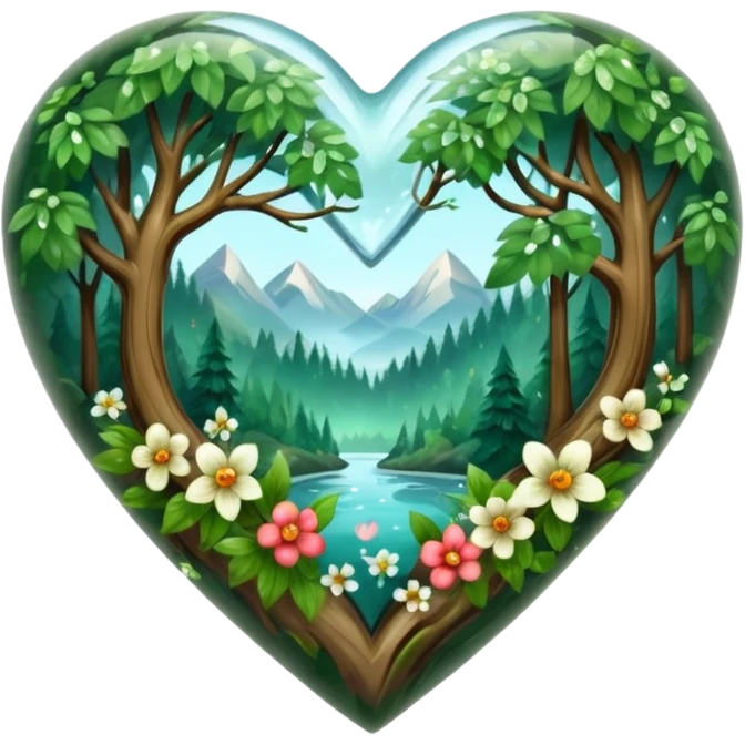 crystal heart with forest inside and floral decoration around emoji