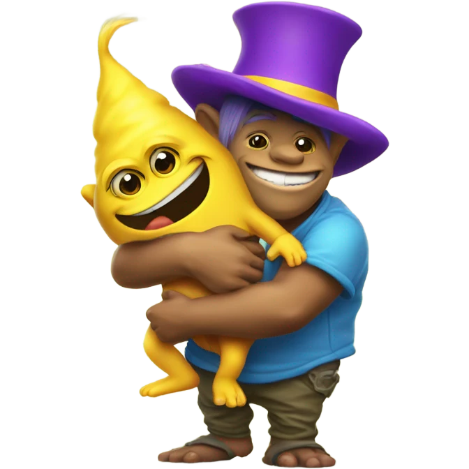 Flamboyant little troll with big part hugging a minion emoji