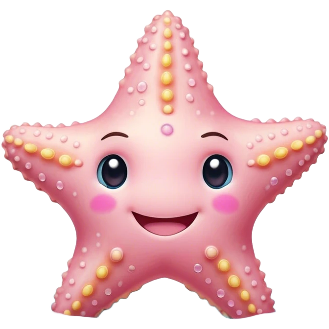 Cinematic cute round starfish, pastel pink, soft bumpy texture, tiny happy face, slightly tilted, glowing warmly, sparkling with gentle ocean magic. emoji