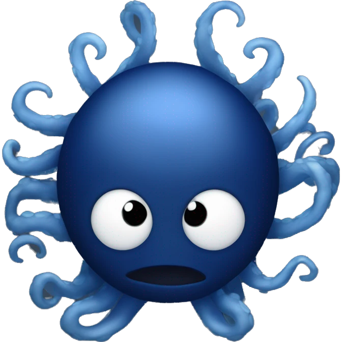 Obscured in darkness, a pair of large, glowing white eyes, and six tentacles, tinted a dark royal blue. emoji