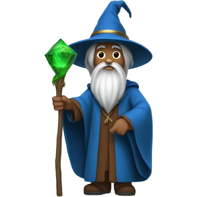 wizard in blue robe and brown hat with green staff emoji