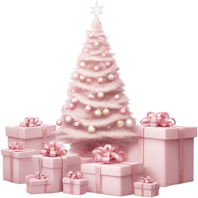 Light pink Christmas gifts under a white Christmas tree  emoji