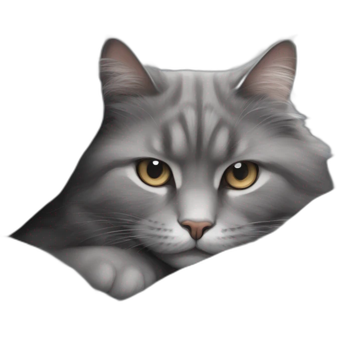 A fluffy gray cat curled up in the center of the bed The cat's eyes are closed and it is sleeping peacefully The cat's fur is soft and luxurious emoji