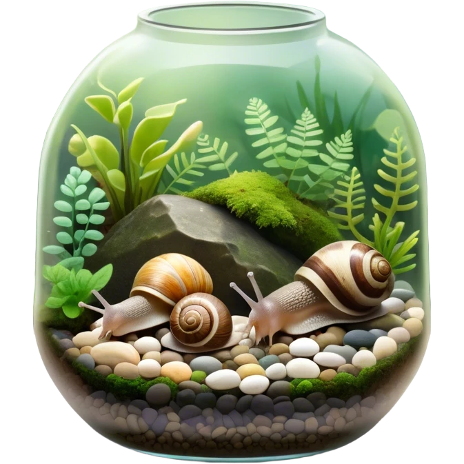 A collection of various snails and mollusks inside a small, lush terrarium with plants and moss. Some snails are crawling along the glass while others rest on pebbles. The scene is serene with soft lighting, showcasing the natural beauty of the mollusks. Transparent background. emoji