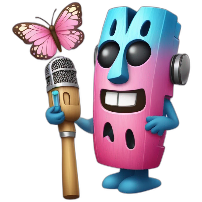Cartoon Blue and pink tiki singing with butterfly and in the mikrophone emoji