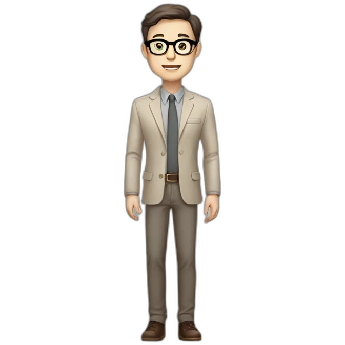Full height Pale skinned Fit Man With dark brown hair in gray classic jacket, beige office shirt, Brown pants and vintage glasses. Thrumbs of his palms upwards emoji