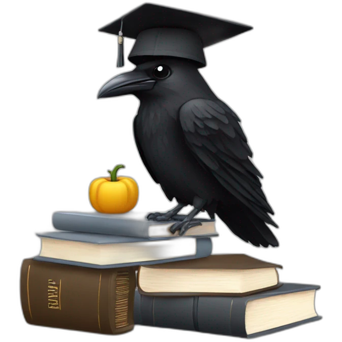 raven in student cap with a stack of gray and brown books emoji