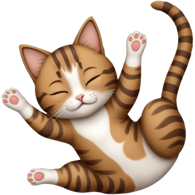 dark brown tabby and white small cat in funny positions upside down with eyes closed emoji