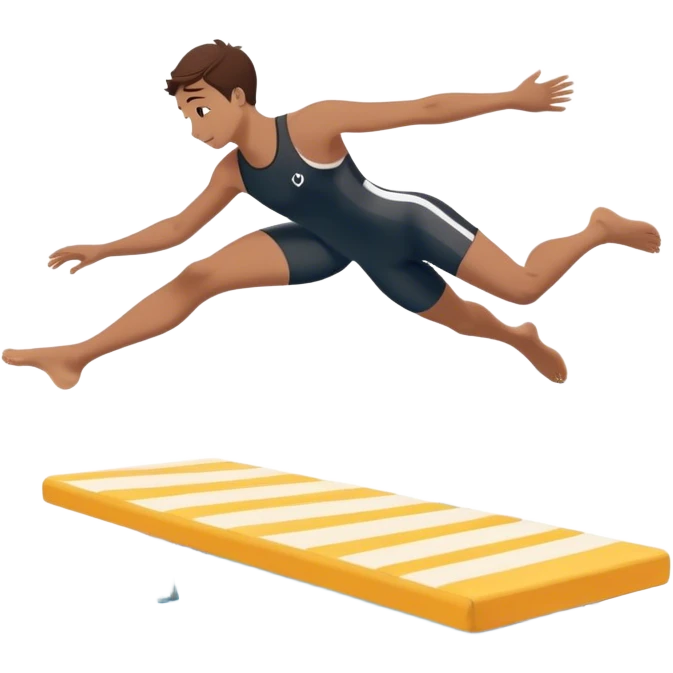 A person mid-air after jumping off a diving board, body slightly tense but moving forward. Below them, a pool labeled "Confidence", with ripples forming. A subtle 5-4-3-2-1 on the diving board shows they took the leap despite fear. emoji