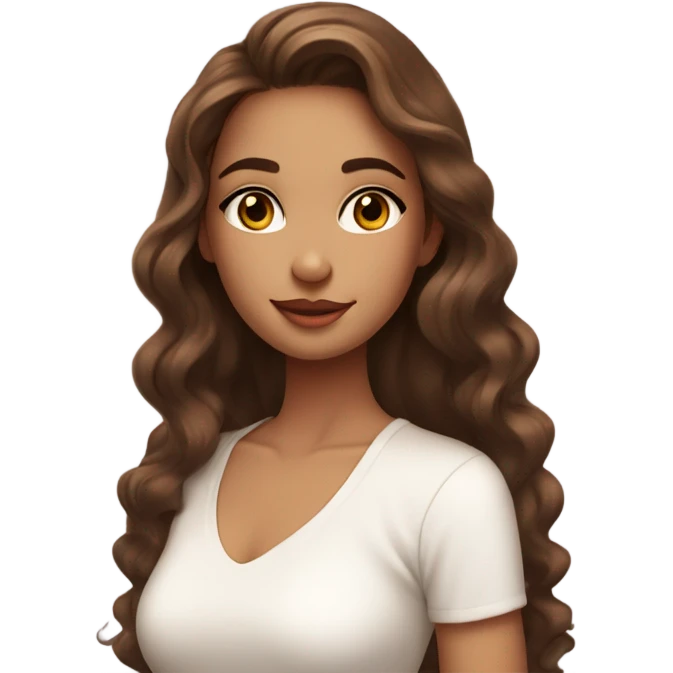 A girl with long, wavy brown hair, glowing skin, soft makeup, wearing a white top, emoji