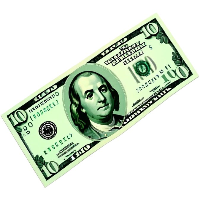 3D realistic US 100 dollar bill sticker, slight perspective, centered, clean cutout, transparent background, no text, no watermark emoji