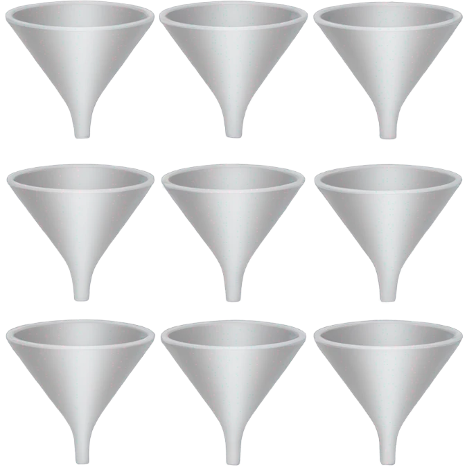 Create a sales funnel image with stacked layers in an emoji style, using simple, rounded shapes, without color or text. Include a Euro symbol (€) on each layer. The funnel should taper from top to bottom, each section showing a basic emoji-like design. emoji