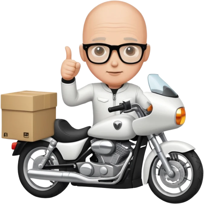 Homem careca de óculos com armação de cor preta, mostrando o dedo polegar, em cima de uma motocicleta de cor branca e com um baú caixa na cor branca. emoji