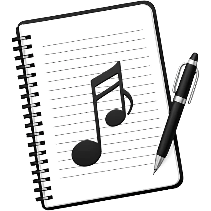 Minimalistic flat vector icon, iOS style, thin black contour on white background. Small notebook with a musical note on the cover, a pen placed next to it. Clean, modern, no text, no shadows. emoji