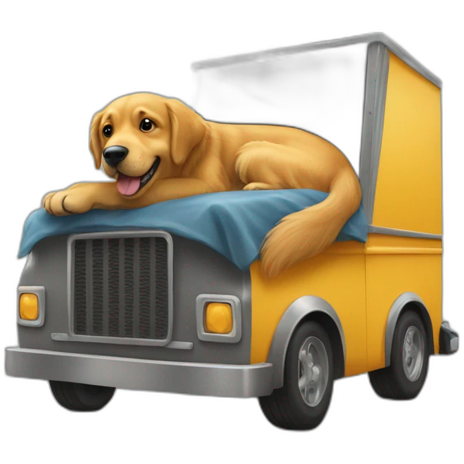Golden retriever and rottweiller hugging in a moving truck emoji