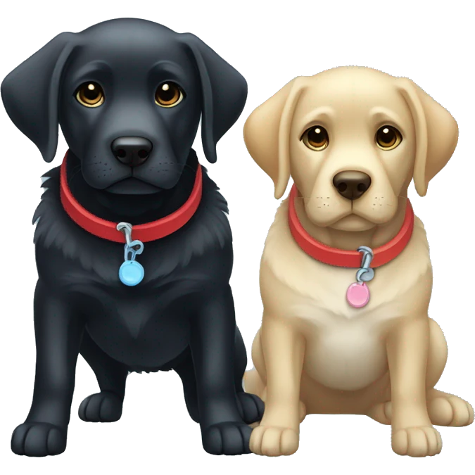 black-coloured labrador on the left with red collar, black-coloured labrador on the right with light blue collar. emoji