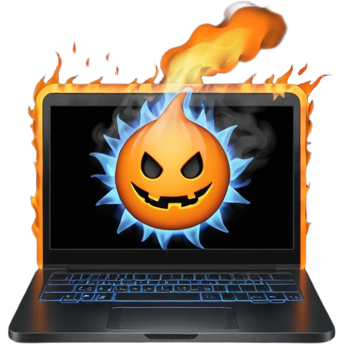  burning laptop with "malwarebytes" logo emoji