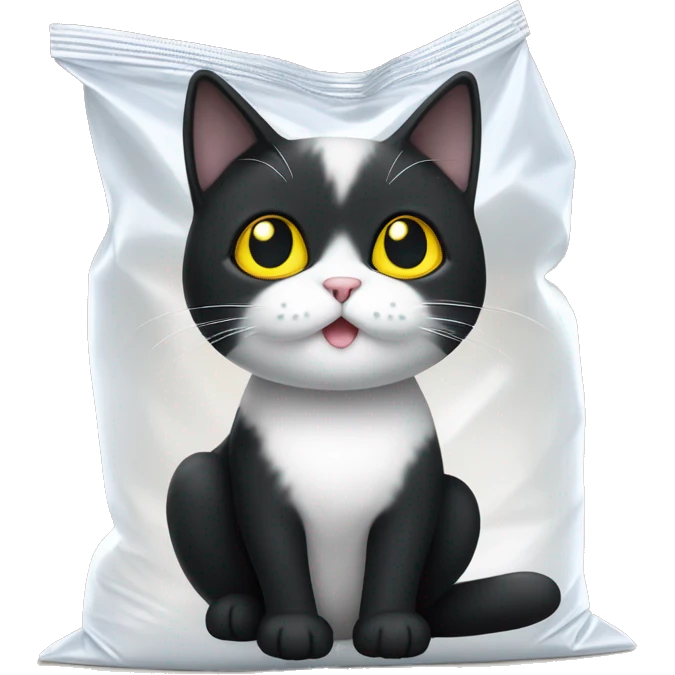 A little black and white cat sitting in a white plastic bag. The cat is mostly black except for white on her nose and paws. The cat has yellow eyes  emoji