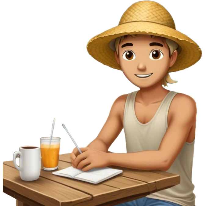 A digital nomad sits at a rustic open-air café in Bali, emoji
