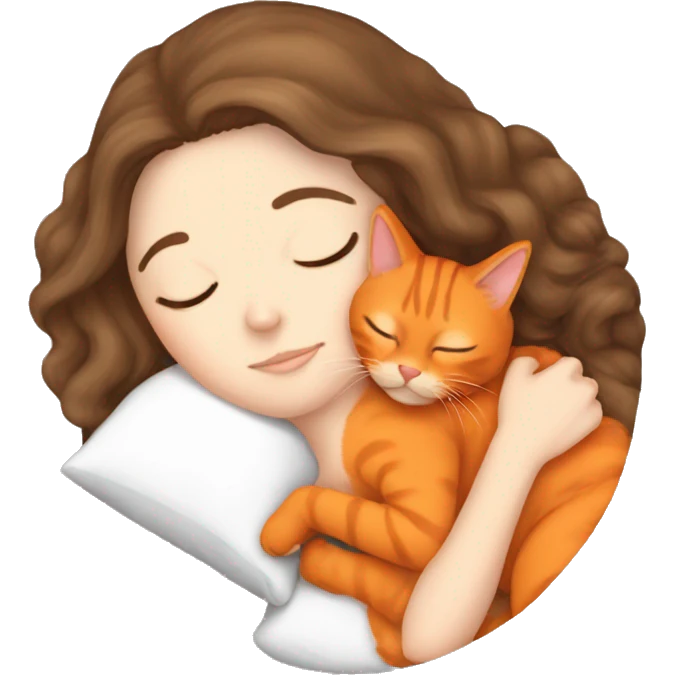 White girl brown hair sleeping with orange kitty emoji