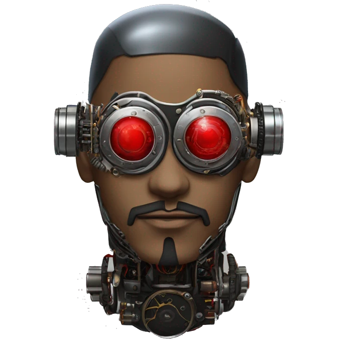 Round cyborg head with red steampunk goggles, black goatee and circuits emoji