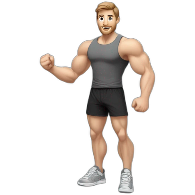 Full height realistic Actively gesturing with hands Pale skinned Fit Man With the biceps and brown hair in dark gray Sleeveless Mike, black oversize sports shorts, watch and white Sneakers emoji