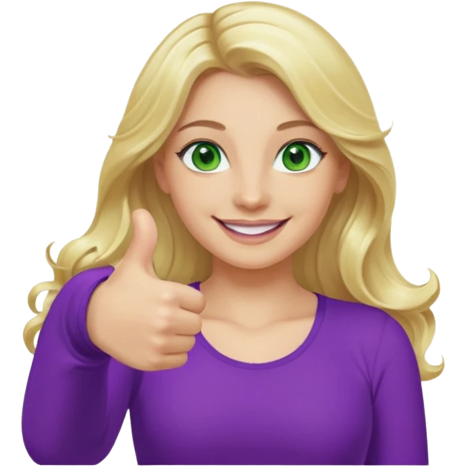 lady with long wavy blonde hair, purple top, green eyes, thumbs up emoji